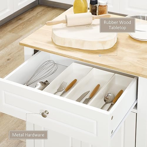 Miniatura 5 de HOMCOM Carrito de isla de cocina rodante, mesa portátil con cajón, estante ajustable y 2 toalleros, color blanco crema