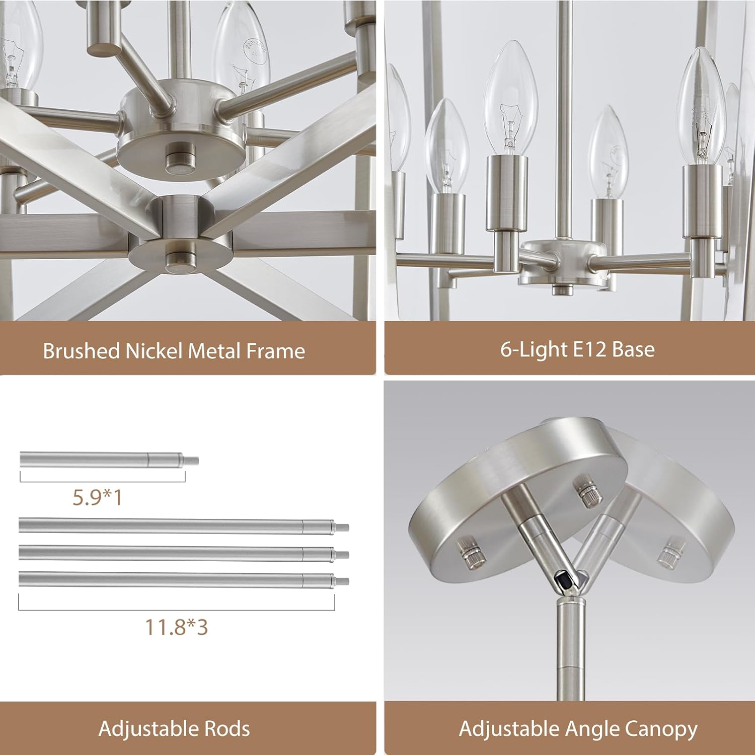 Brushed Nickel Chandelier, 6-Light Geometric Dining Room Light Fixture Over Table Metal Modern Chandelier Lighting for Kitchen Island Entryway, 20 Inch Pendant Lighting Hanging Ceiling Lamp