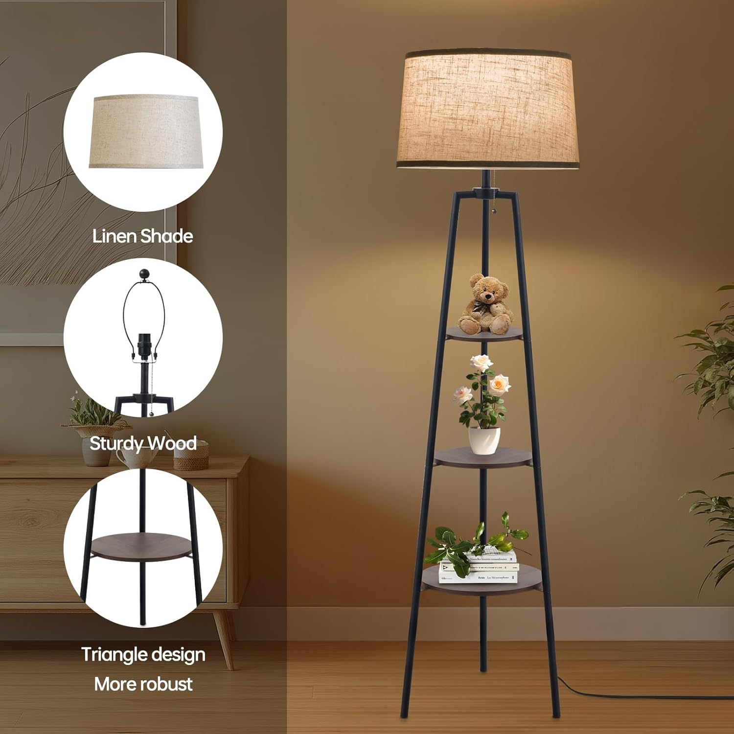 3 Tier Shelf Floor Lamps for Living Room, Modern Standing Lamp with 3 Color Temperature Led Bulb, Tall Lamps for Bedroom and Office, Walnut