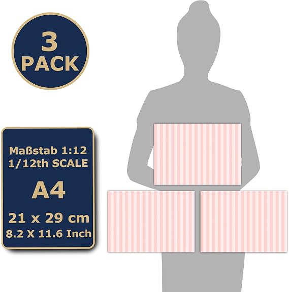3 Sheets Dollhouse Wallpaper Self-Adhesive Wallpaper 1:12 Scale Antique Wallpaper Victorian Wallpaper (Pink Stripes)