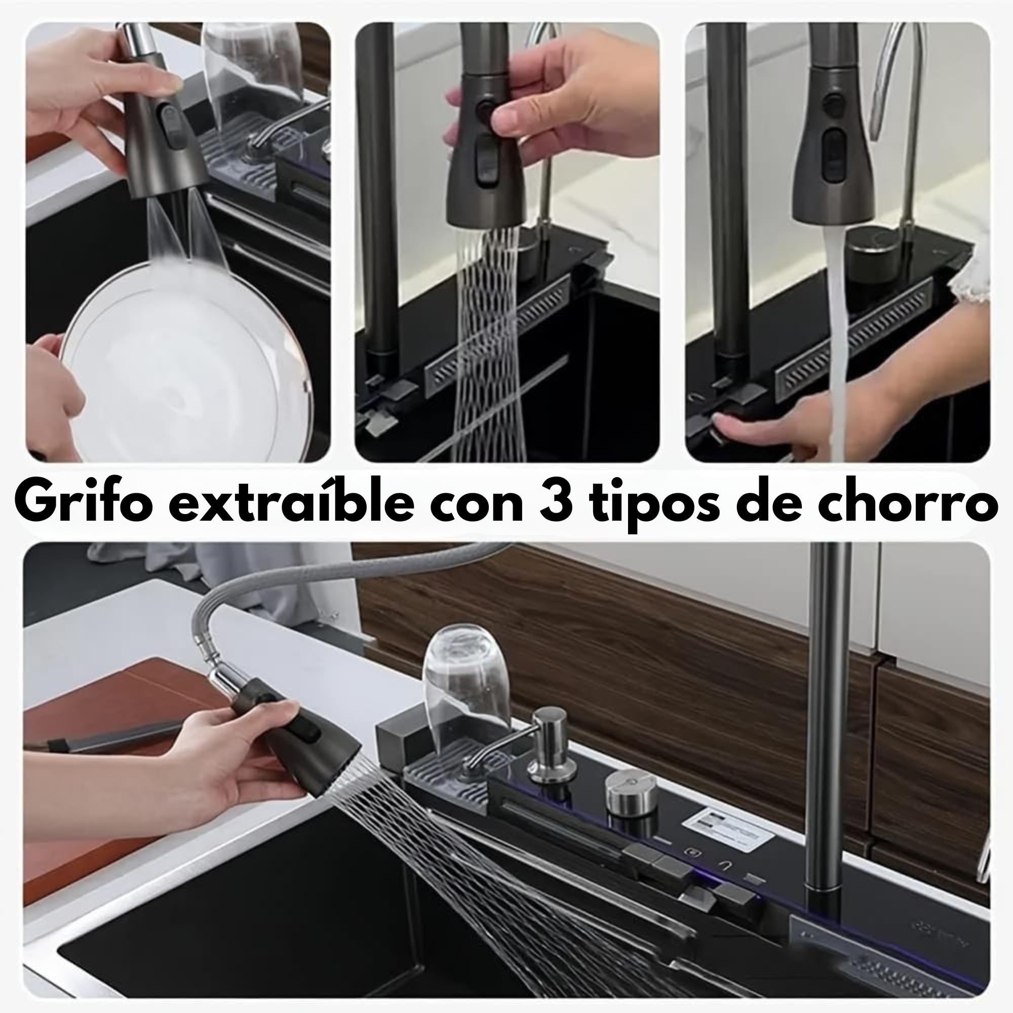 LUMS Fregadero de Cocina Multifuncional Acero Inoxidable Negro, Fregadero 1 Seno con Grifo Cascada, Pantalla Digital y Luz LED, Incluye Lava Vasos y Accesorios