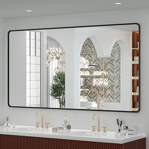 Miniatura 72 de OKPAL Espejo de Baño con Marco de Metal Negro de 40 x 36 Pulgadas para Pared, Espejo de Tocador de Baño Negro Mate, Espejo Rectangular Redondeado