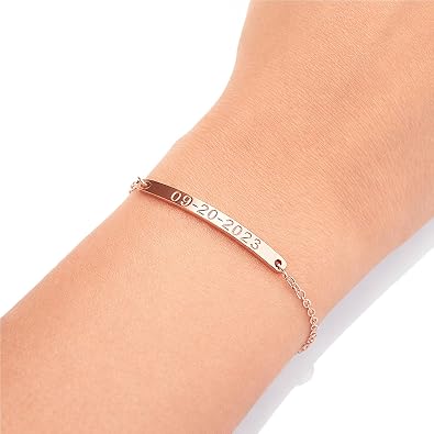 Personalized Name Bracelet Custom Engraved Bar Bracelet for Women Dainty Minimalist Chain Jewelry Stainless Steel or 925 Sterling Silver White Gold 18k Gold Rose Gold finish