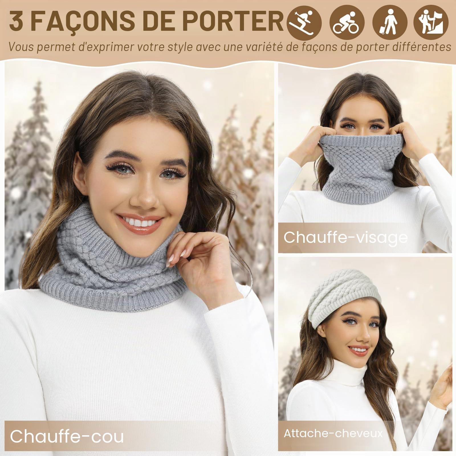 Packs Bonnet Écharpe et Gants Femme 5 en 1 Tricotés Ensemble Hiver Set Doublure Polaire Bonnet Echarpes Gants Tactiles Chaude Cache Oreille Chaussettes Thermiques