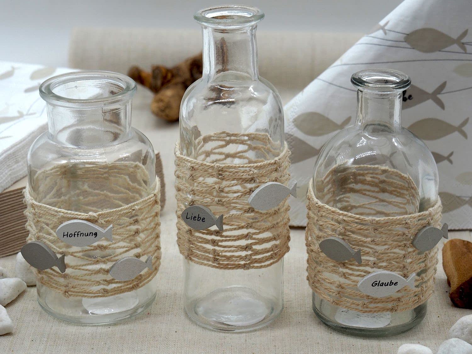 ZauberDeko Tischdeko Kommunion Konfirmation Fisch Glaube Beige Natur Vasen Streudeko Set 20 Personen