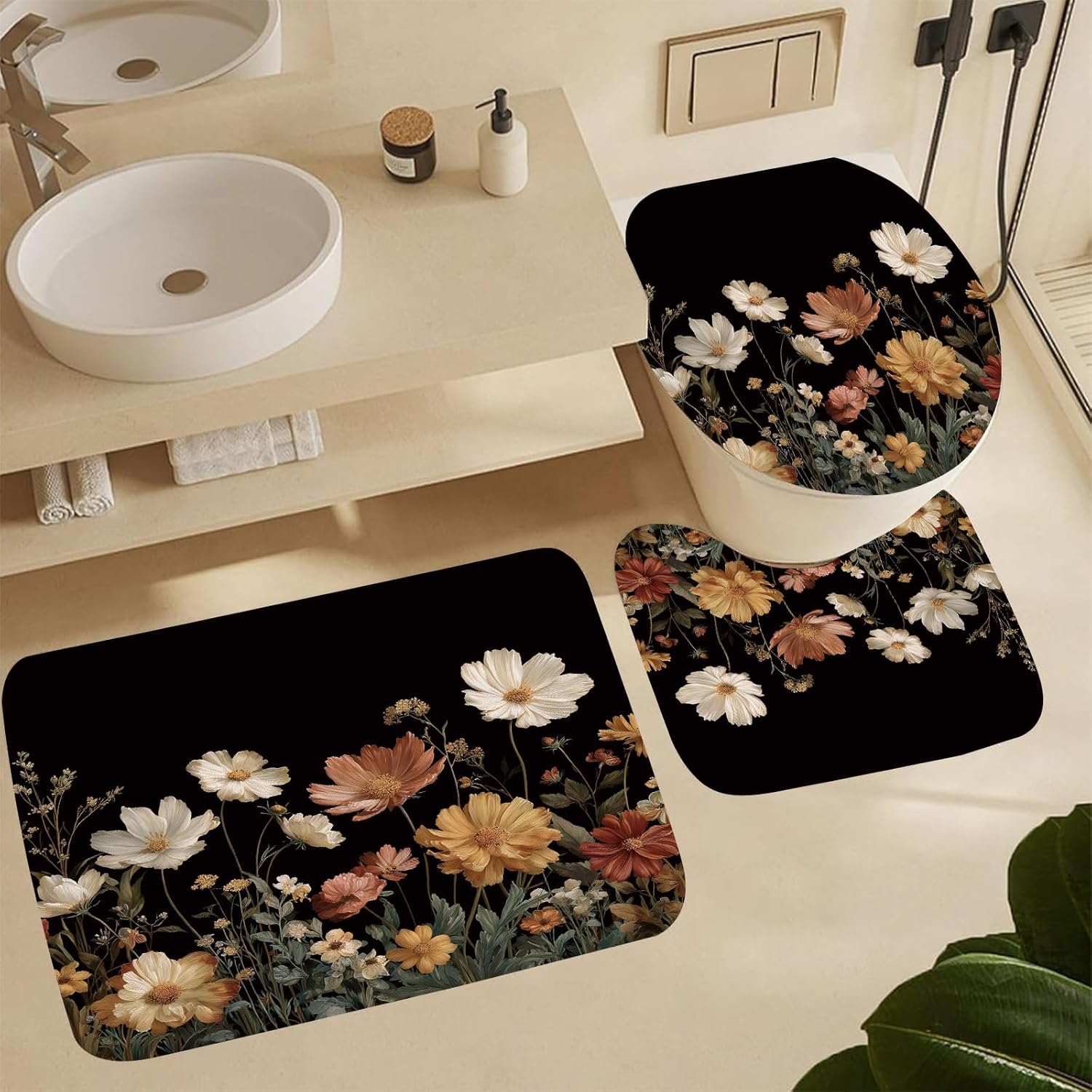 4Pcs Black Floral Shower Curtain Sets, Vintage Boho Flower Wildflower Botanical Bathroom Curtain with Non-Slip Rugs, Toilet Lid Cover Bath Mat and 12 Hooks, Home Decor 72" x 72"