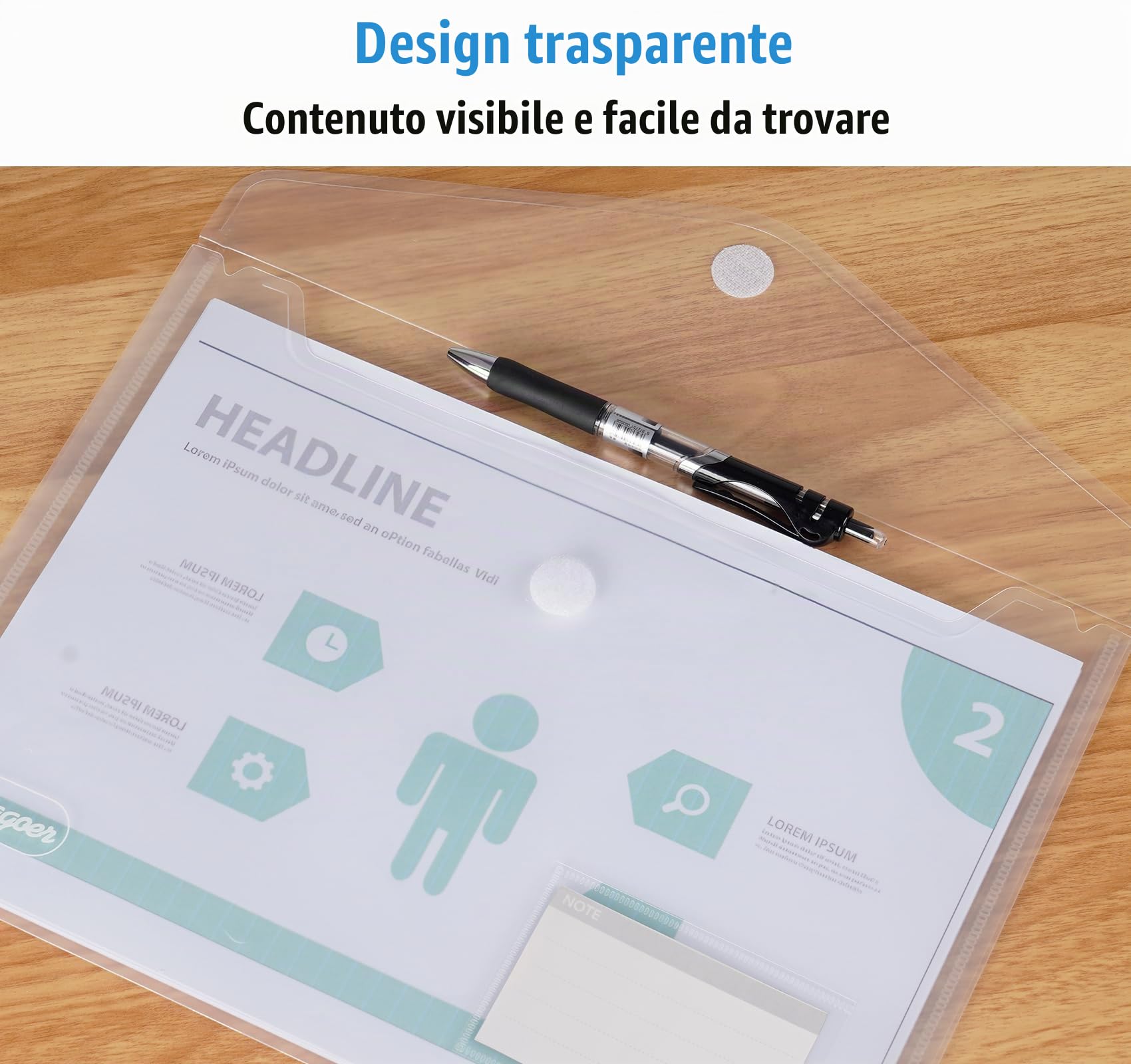 Agoer 25 x cartelline portadocumenti A4, Buste Plastica Portadocumenti Trasparente A4 con chiusura a strappo e 30 biglietti da visita per uffici, scuole,Casa