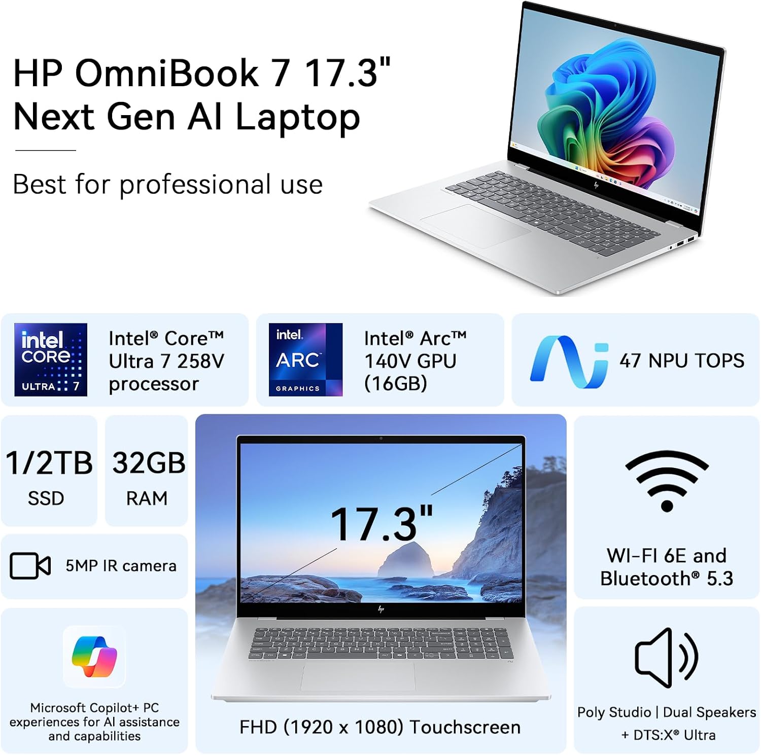 HP OmniBook 7 AI Business Laptop, 17.3" FHD Touchscreen, Inter Core Ultra 7 258V & Copilot+ PC 47 TOPS NPU, 32GB RAM, Custom SSD (1TB/2TB), Backlit Keyboard, Thunderbolt 4, WIFI 6E, Windows 11 Pro image 2