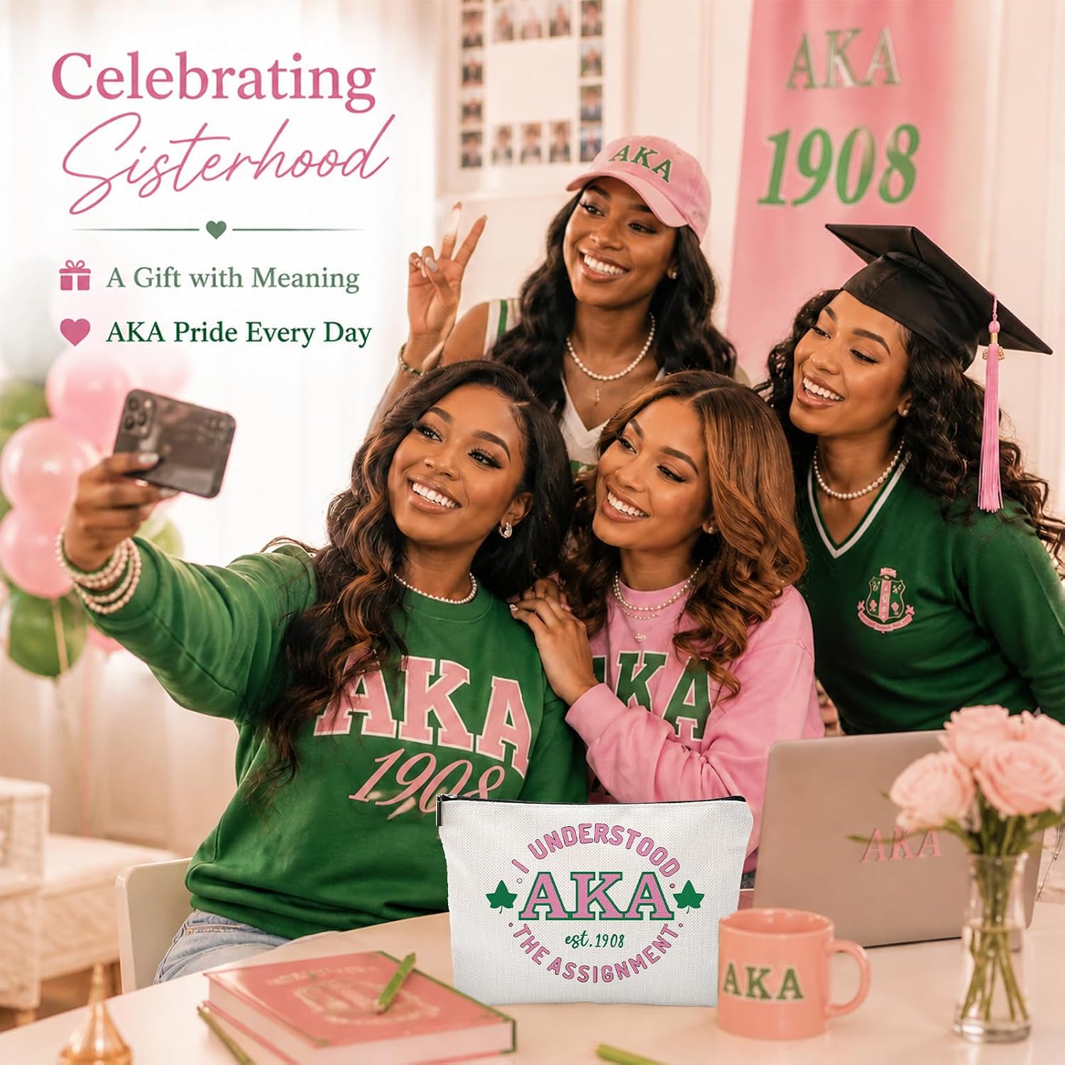 Sorority Themed Gifts for Sisters Pink and Green Makeup Bag for Women - Cute Small Cosmetic Pouch, Sisterhood Gift for Best Friend, Black Girl Essentials image 2