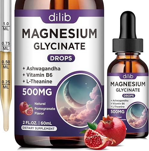 Gotas líquidas de glicinato de magnesio de 500 mg, con vitamina B6, Ashwagandha, L - teanina, manzanilla, suplemento de glicinato de magnesio de