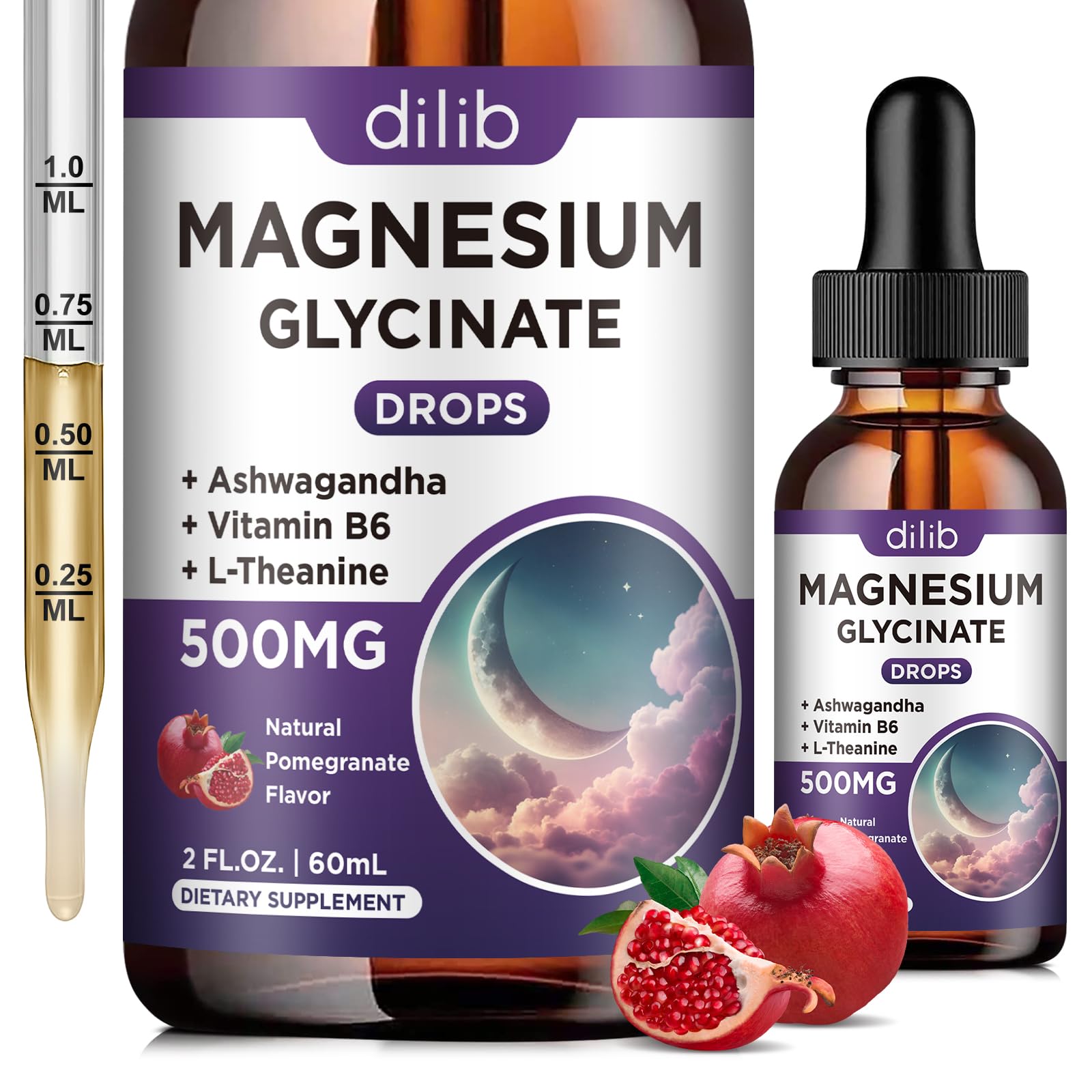 Magnesium Glycinate Liquid Drops 500mg, with Vitamin B6, Ashwagandha, L - Theanine, Chamomile, Magnesium Glycinate Supplement High Absorption for Sleep, Stress, Energy, Mood - Pomegranate Flavor Pomegranate 2 Fl Oz (Pack of 1)