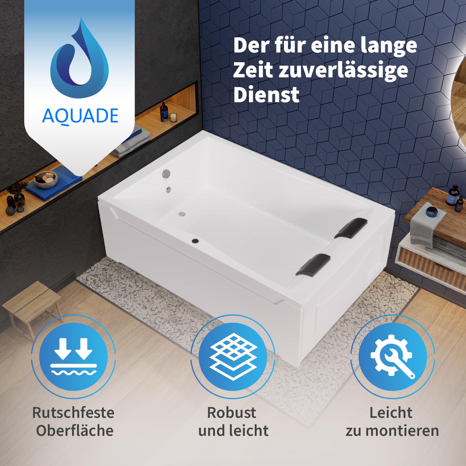 Aquade Acryl Badewanne 180x120 Modell: Hamburg - Weiß Badewanne Komplettset 180x120 - Badewannen Mit Wannenfüßen + Schürze + Nackenkissen + Led