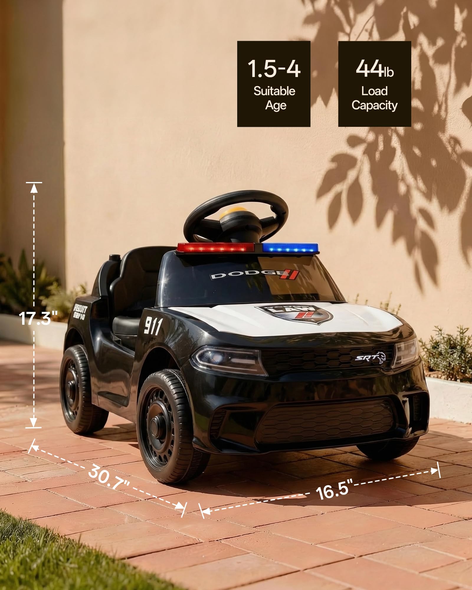 Outfunny Auto elettrica della polizia per bambini, 12 V, 2 posti, auto giocattolo per bambini dai 4 agli 8 anni con telecomando, Bluetooth, nero
