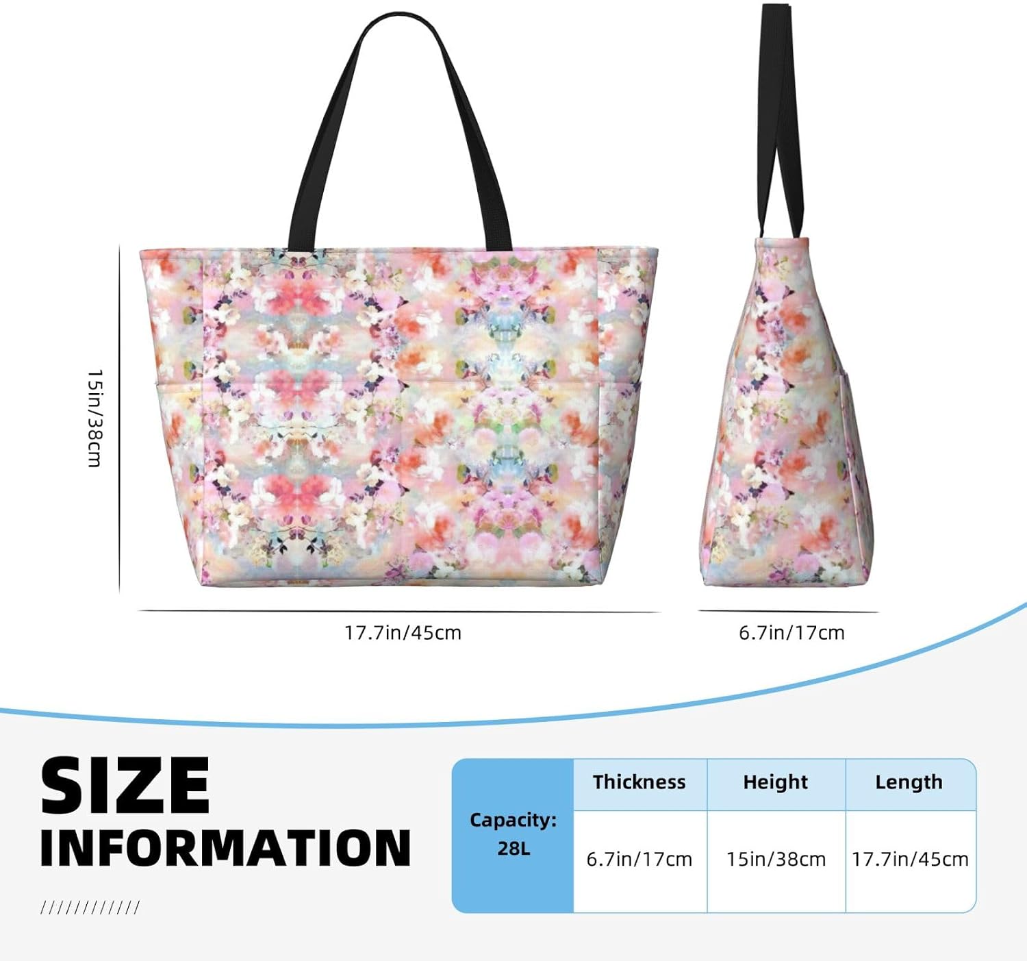 Beautiful pink flower Print Large Capacity Beach Travel Bags with Zipper and Pockets for Travel Vacation Fitness