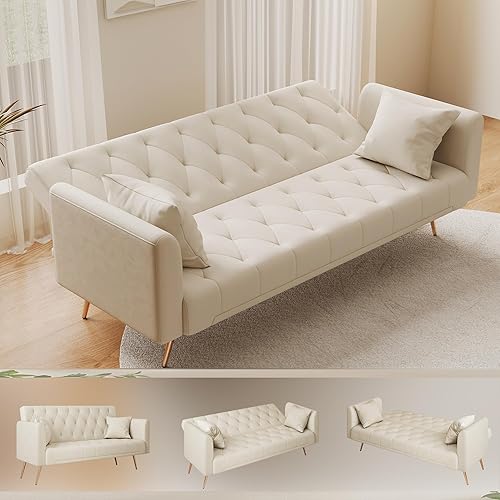 Miniatura 56 de Sofá cama moderno de terciopelo de 72 pulgadas, sofá cama plegable convertible con 3 respaldos ajustables, asiento reclinable copetudo con patas