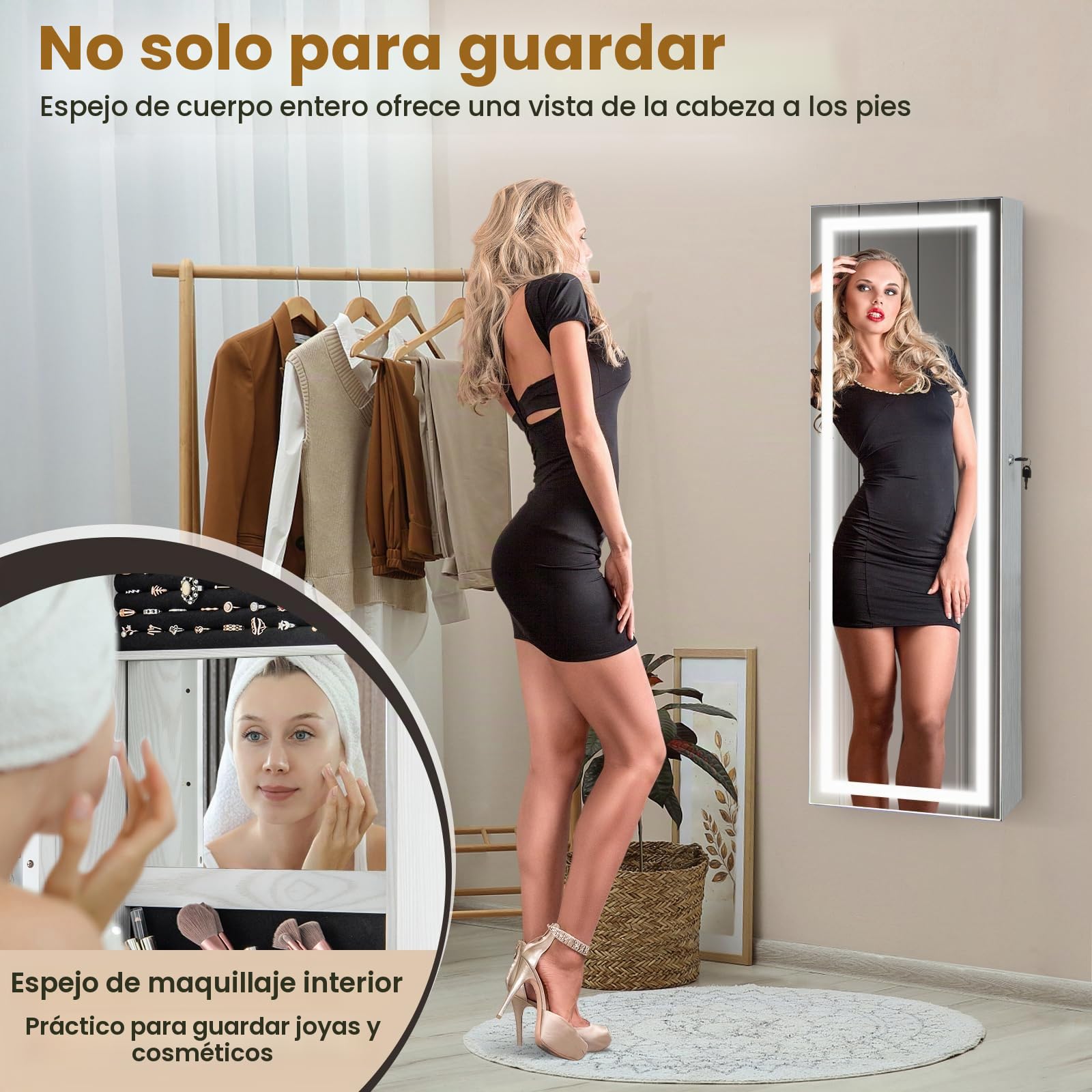 COSTWAY Armario Colgante para Joyas con Espejo, Cerradura y Luz LED Tres Colores, Blanco