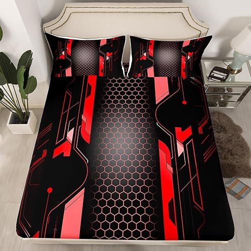 Miniatura 4 de Manfei Sábana bajera ajustable de panal rojo, tamaño matrimonial, juego de ropa de cama hexagonal geométrica de 3 piezas para decoración de