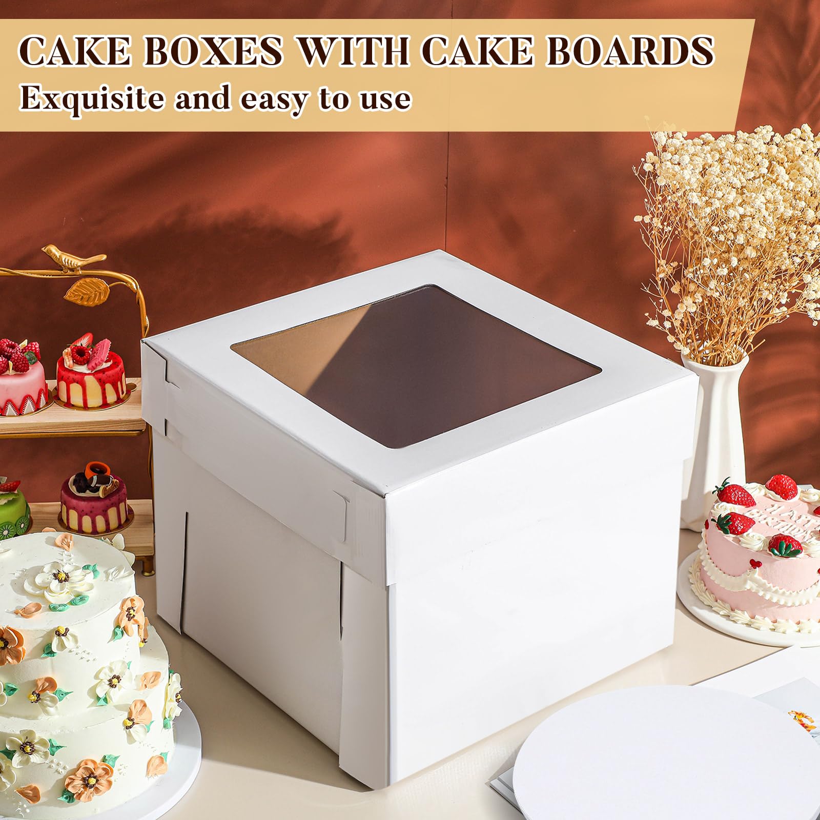 Kolldenn Paquete de 4 cajas para tartas de boda de 14 x 14 x 12 pulgadas con 4 cajas de tablas de pastel de cumpleaños con ventana para pasteles de nivel alto, tapas de soporte desechables