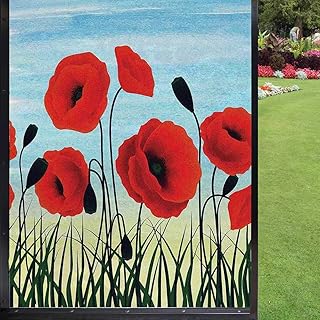 Poppy Flower Window Film Static Cling Film,Digitally Generated Floral GraphicGrass and Fileds Anti Glare Window Film Decorative Static Cling Window Film,Vermilion Charcoal Grey 24 x 36