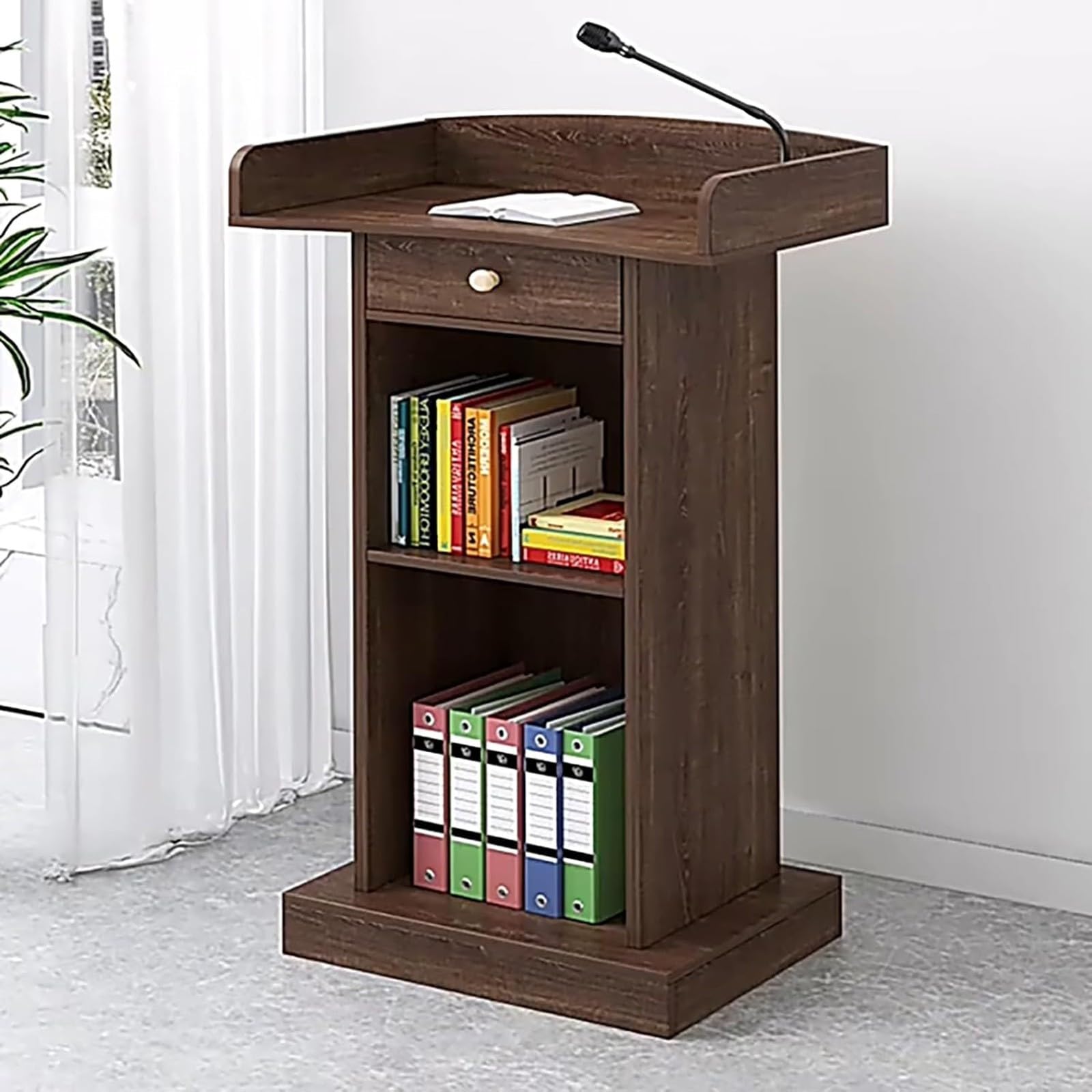 Atril de Madera para Iglesia, podio de pie con cajón para conferencias, auditorios, seminarios y escuelas. Walnut+Drawer