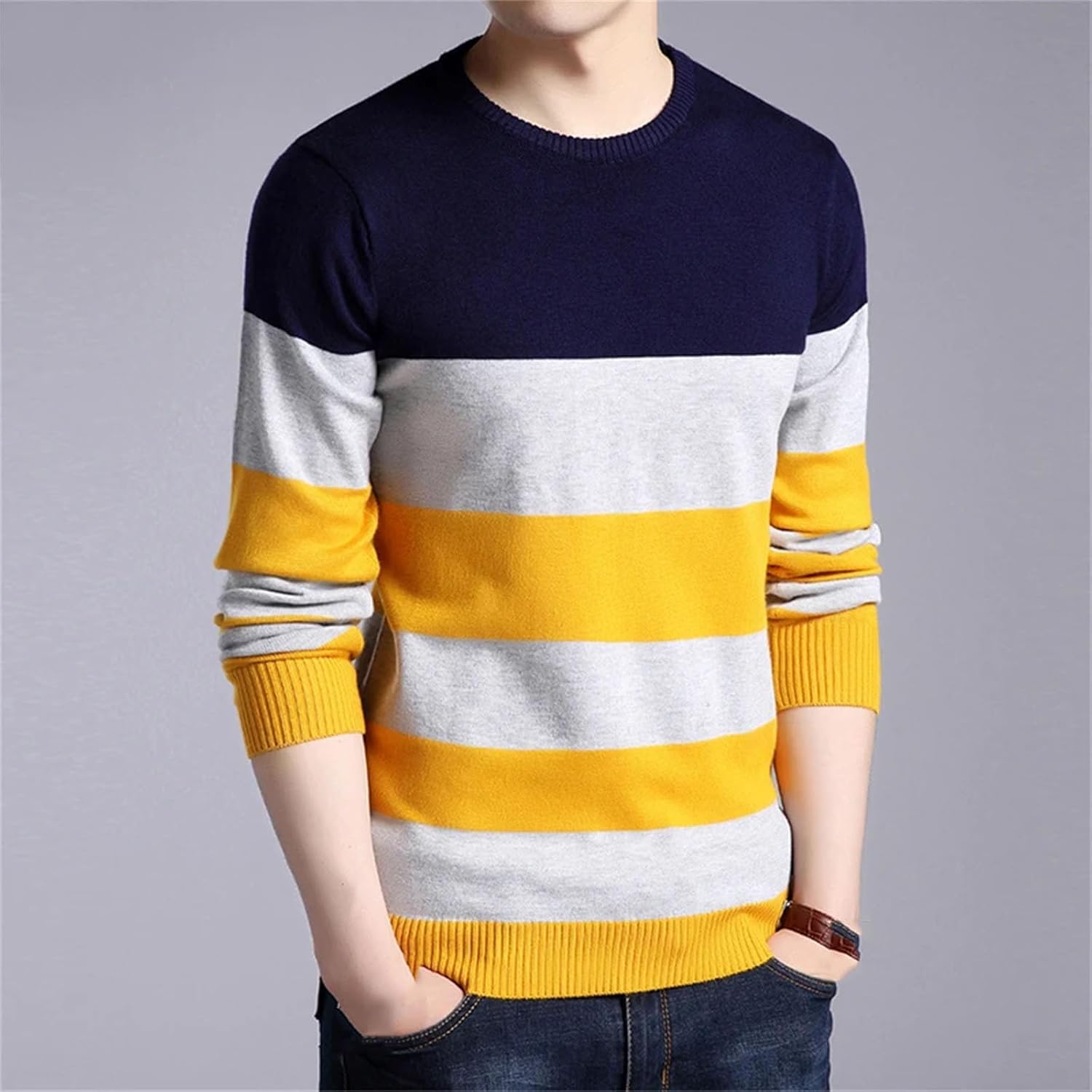 Men's Casual Striped Long Sleeved Knitted Shirt Fashionable Comfortable Top