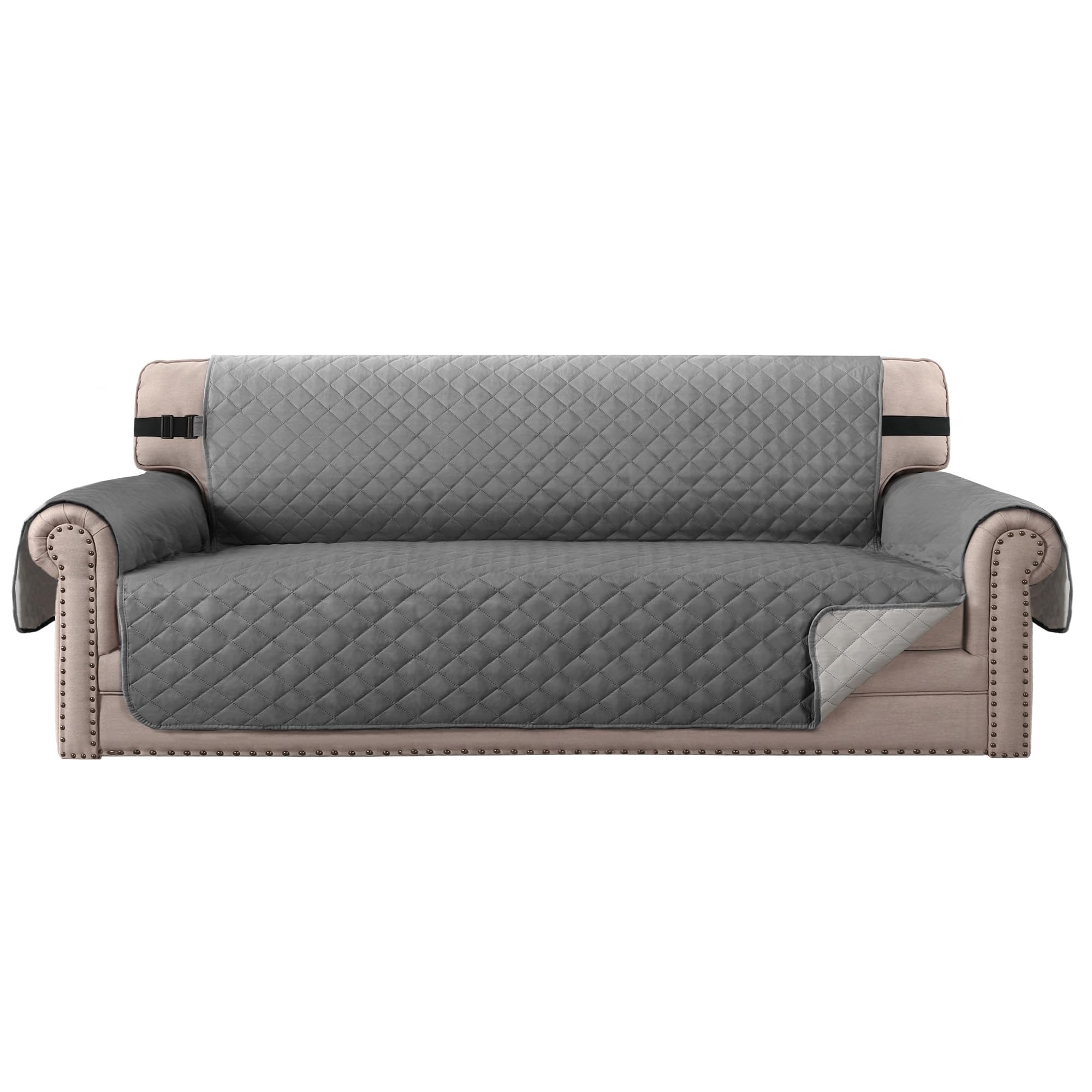 BellaHills Sofa Covers 4 Seater Water Resistant Sofa Slipcovers Furniture Protectors for Pets/Kids Soft Thick Quilted Couch Cover Secure with Non Slip Strap (Oversized Sofa, Charcoal Grey/Beige) โ image 1