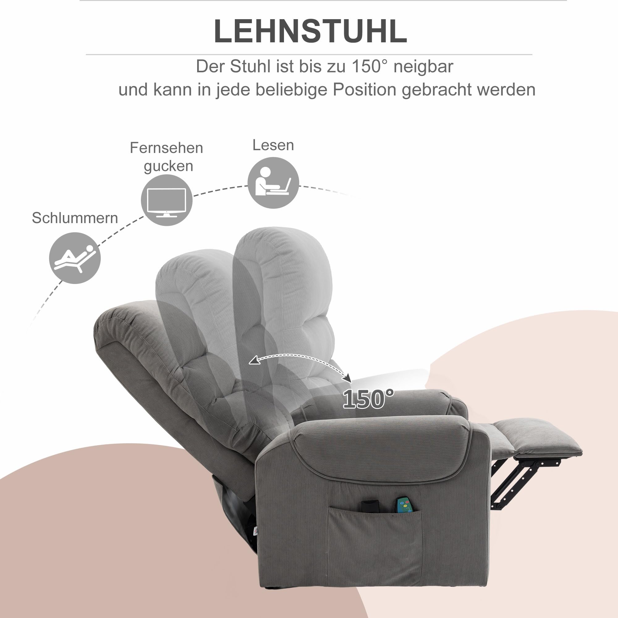 HOMCOM Fernsehsessel mit Aufstehhilfe Elektrisch, Massagesessel mit Liegefunktion und Wärmefunktion, Relaxsessel mit Fernbedienung und Seitentasche Verstellbar Polyester-Gewebe Dunkelgrau