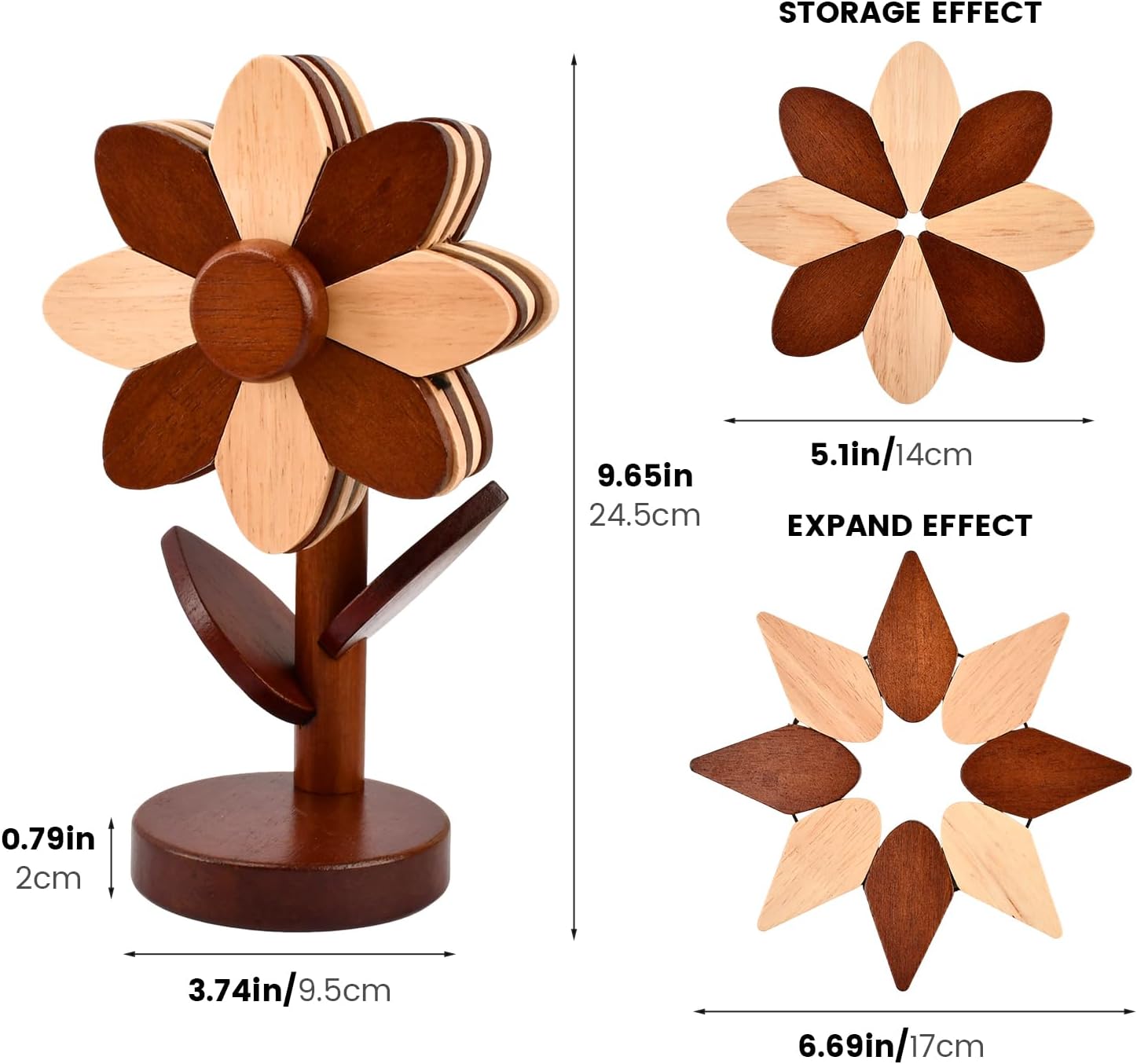 Wooden Tree Trivet Stand Set, 5 Pcs Sunflower Trivets for Hot Dishes, Flippable Wooden Sunflower Petals Expand 5.5 to 6.69 in, Small Hot Pads for Kitchen Countertop, Dining Table, Pot Holder Use