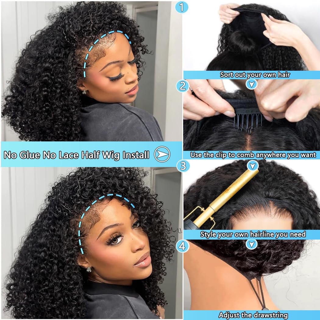 QUANDIAN Kinky Curly Human Hair Glueless 3-in-1 Half Wig, Natural Color