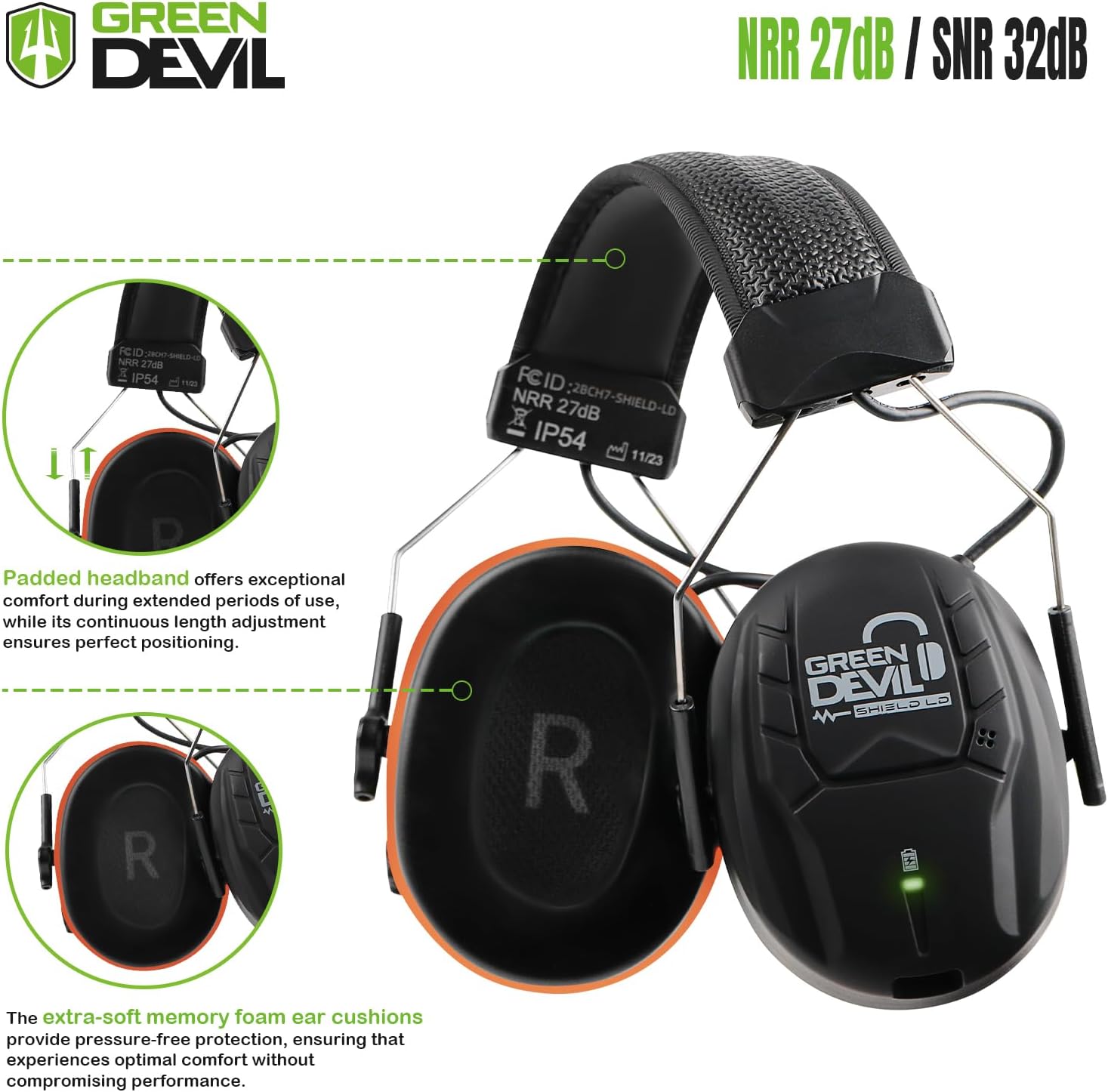 GREEN DEVIL Electronic Bluetooth Hearing Ear Protection Headphones With Boom Microphones 27dB Noise Cancelling Earmuffs image 4