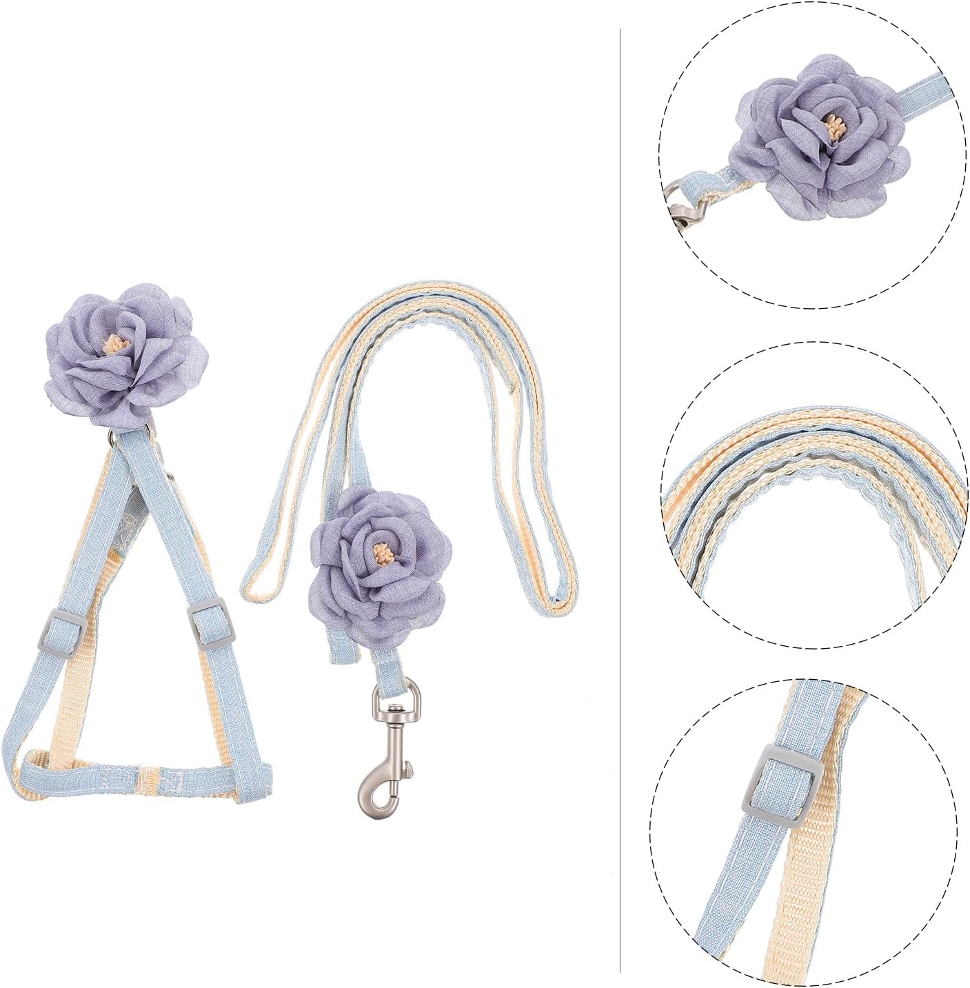Floral Pattern Cat Harness Leash, Adjustable Small Pet Traction Rope, 100% Cotton Linen, 1.0cm Width, Outdoor Walking and Training for Cats and Kittens