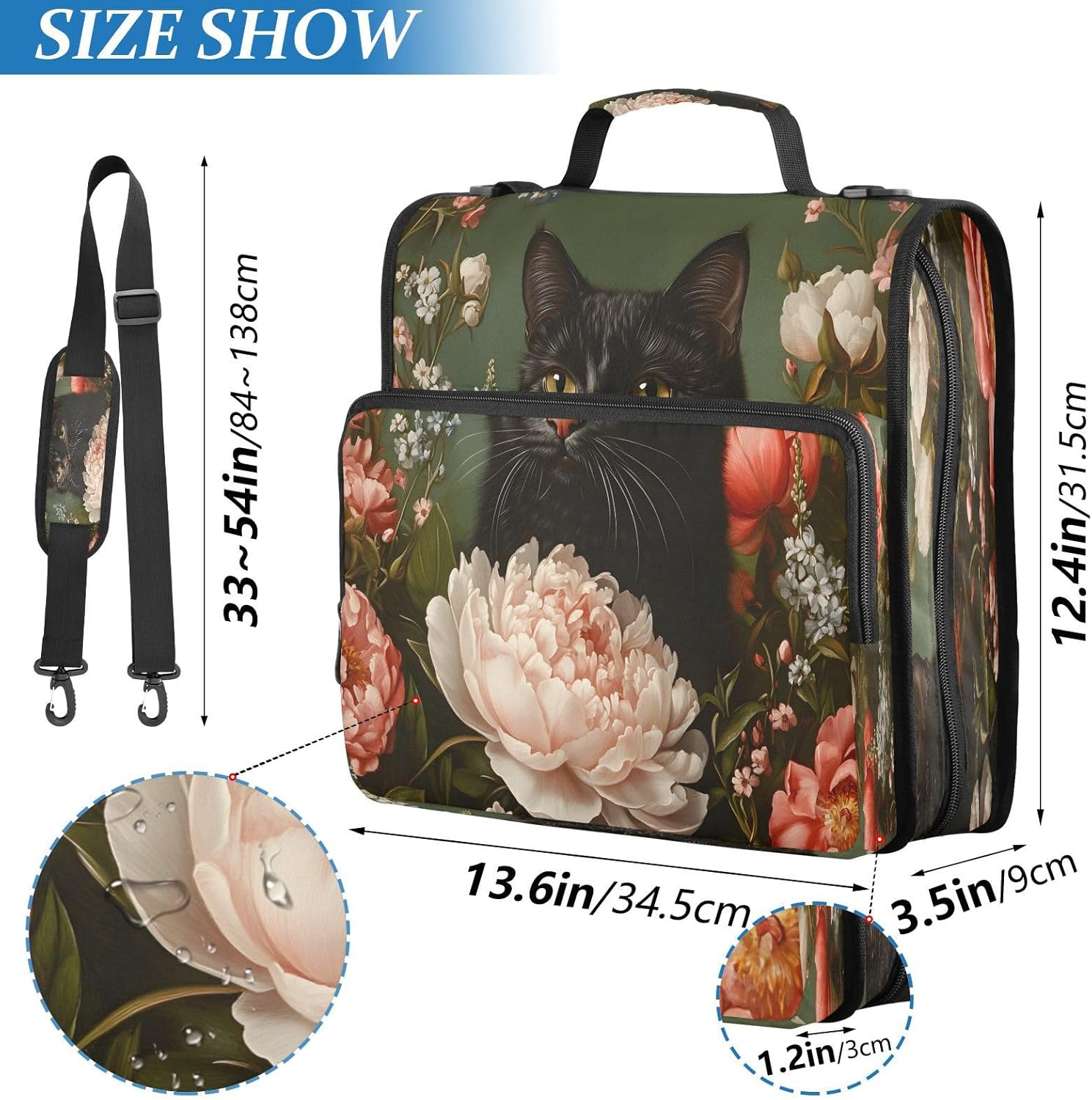 3 Ring Zipper Binder Black Cat Vintage Floral Binders Bag with Shoulder Strap 500 Sheets Paper Organizer Trapper Keeper Documents Storage File Folder for School Office