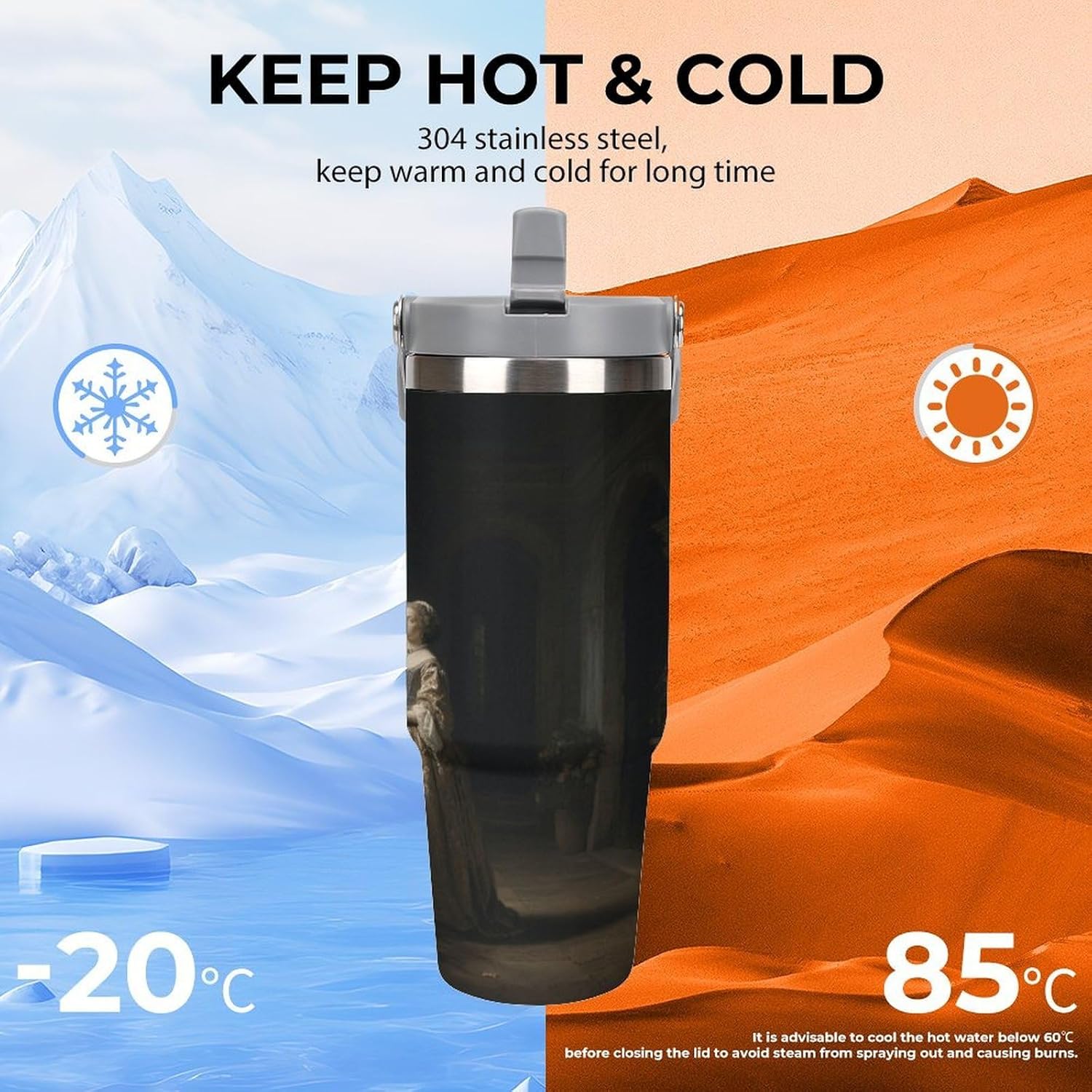 30 Oz Insulated Mug with Handle Lid And Straw A Noble Lady in A Courtyard Pattern Large Metal Sports Bottle Great for Gifts Parties Office Coffee