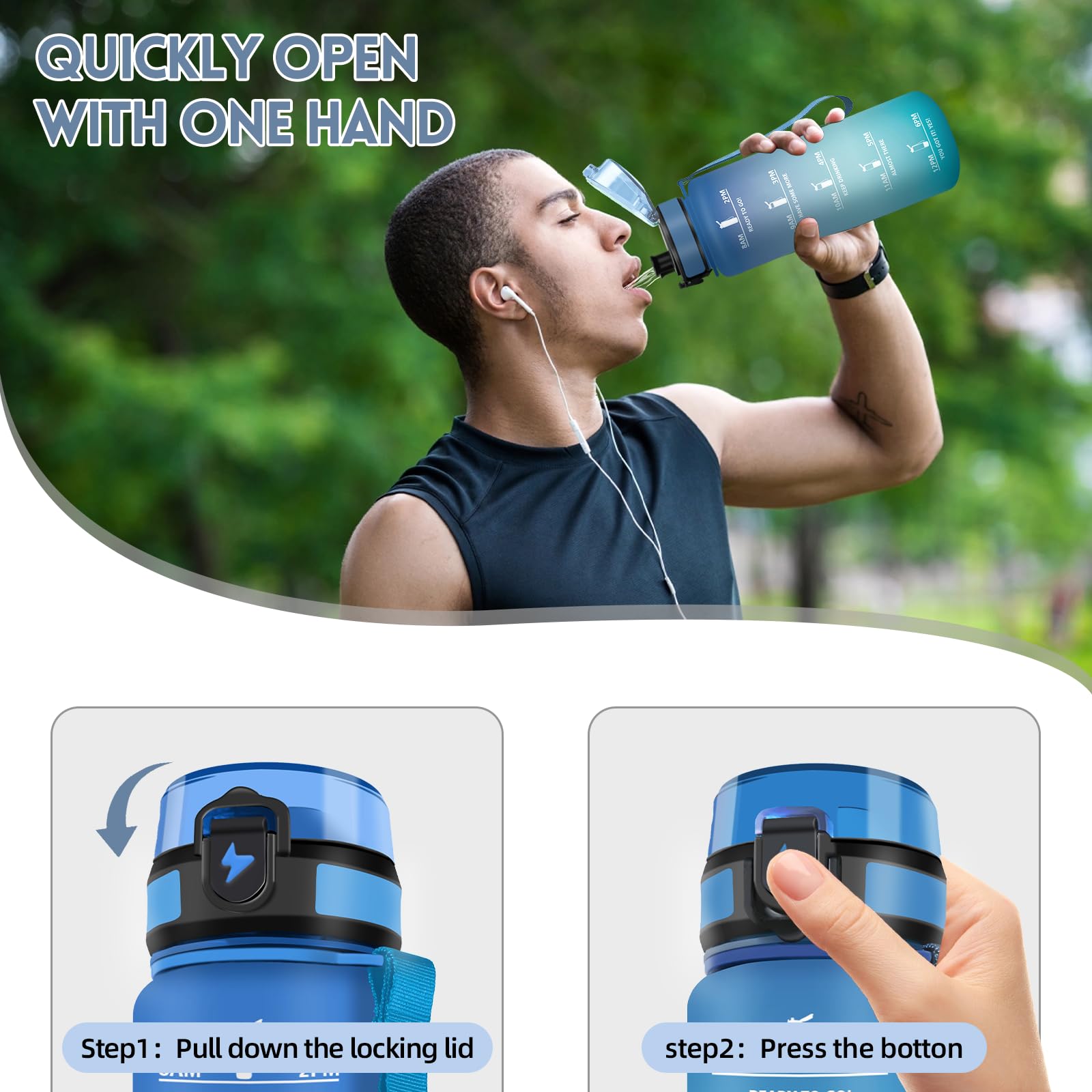 Motswedi Borraccia 1,5 litri, a Prova di Perdite, Borraccia Motivazionale, Riutilizzabile, Bottiglia Acqua, Senza BPA, Borracce, per Palestra, Ufficio, Sport, Ciclismo, Running, Blu Verde