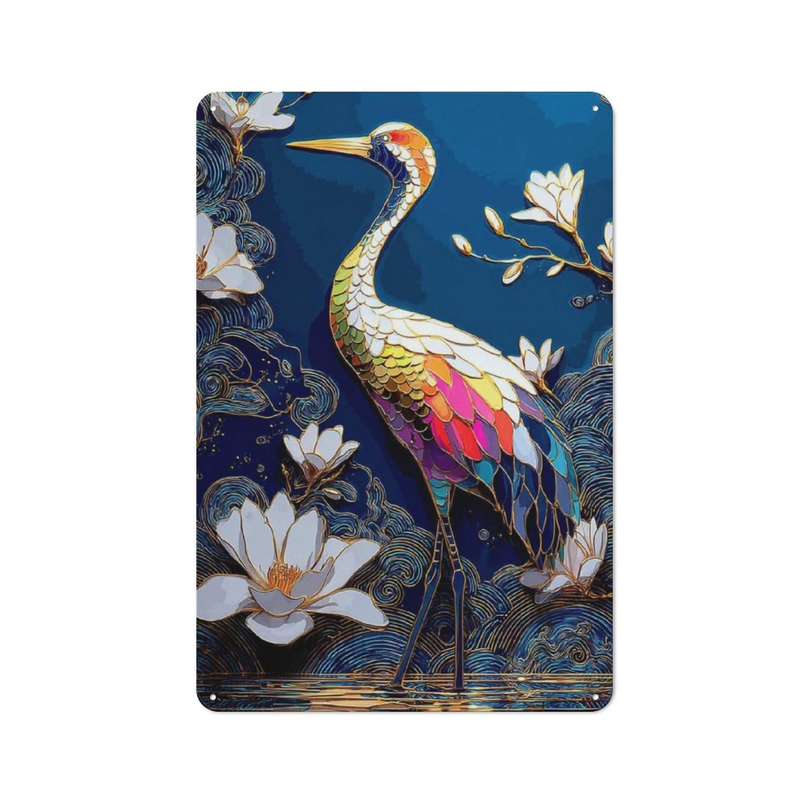 Junmoney Colorful Crane With Lotus Flowers Vintage Tin Wall Plaque 30X20cm For Studio Or Craft Room, For Garage, Workshop And Man Cave Decoration