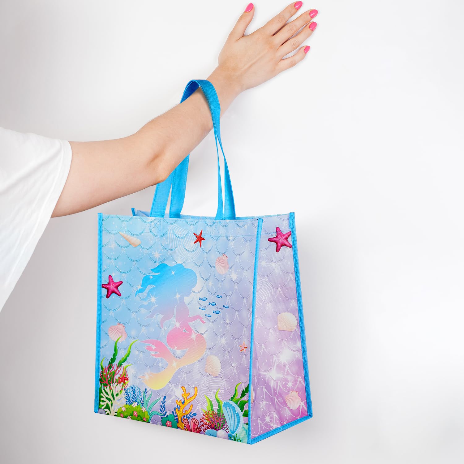 BLEWINDZ Large Gift Bags with Tissues – 3Pcs Mermaid Girls Kids Tote Reusable Gift Bags with Handles for Birthday Party Favors, Baby Showers, Shoppings (13" x 7" x 13.2")
