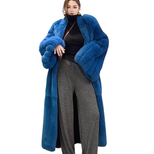Denny&Dora Women's Blue Rex Rabbit Fur Coat with Fox Fur Sleeves