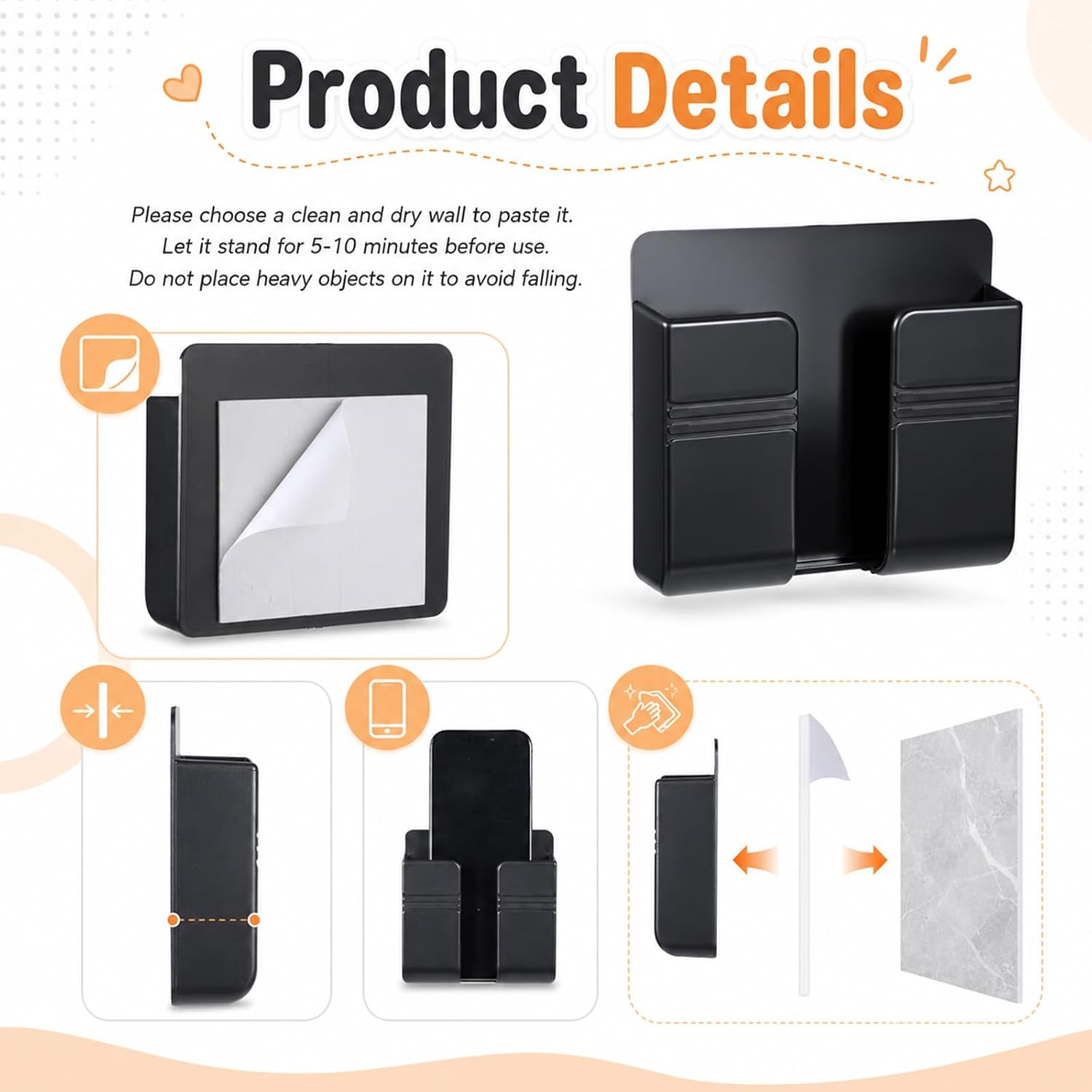 2 Pcs Wall Mount Phone Holder, Adhesive Wall Phone Holder with Data Cable Receiving Hole Phone-Wall-Mount Storage Box for Bedroom Kitchen Bathroom Office (Black)