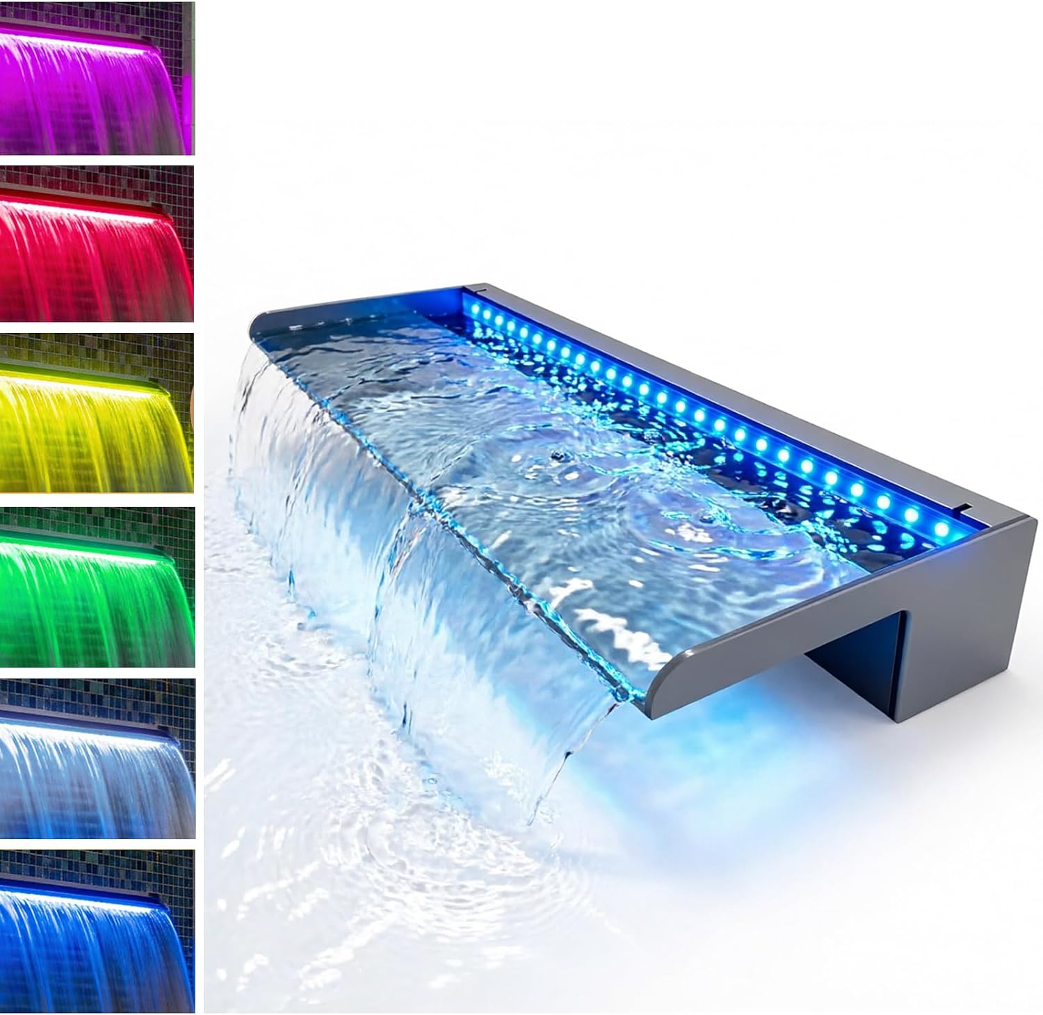 35.43-inch Pond Waterfall Spillway,Straight Spout with Colorful LED Lights,Remote Control Waterfall Kit for Garden, Backyard, Pool Water Features