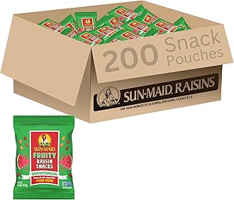 Sun-Maid Sour Watermelon Fruity Raisin Snacks - (200 Pack) 1.33 oz Pouches - Sour Watermelon Raisins - Dried Fruit Snack for Lunches and Snacks