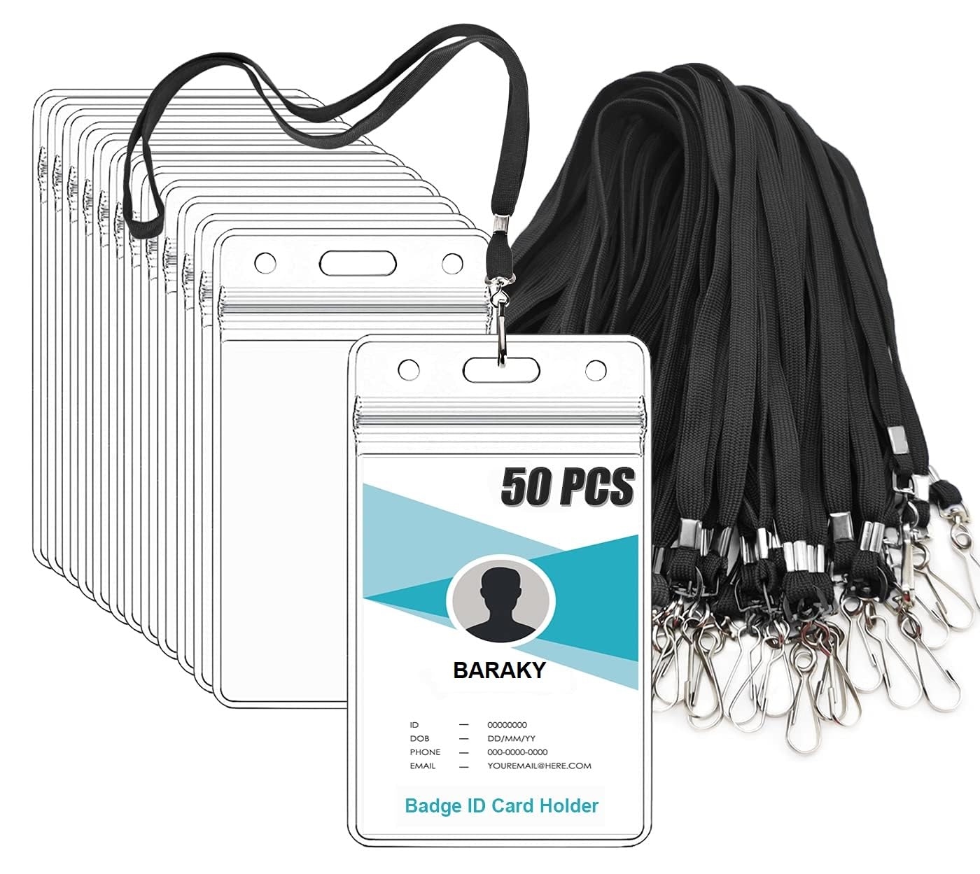 Baraky 50Pcs Clear Plastic Vertical Name Tags Badge ID Card Holders and 50Pcs Flat Neck Lanyards, Black
