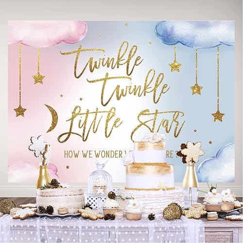 Miniatura 5 de Lofaris Twinkle Twinkle Little Star - Telón de fondo de revelación de género para niño o niña, rosa o azul, How We Wonder What You are Golden Star