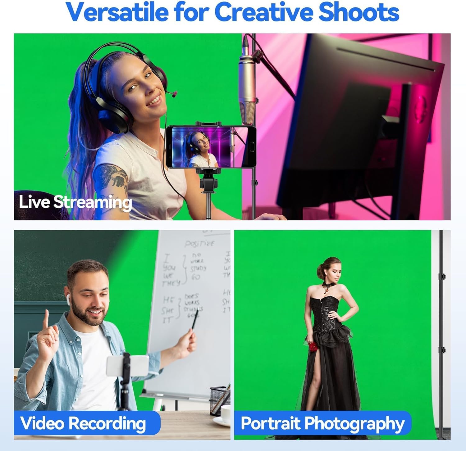EMART Toile de Fond Vert avec Support 2x3 m, Kit de Support pour Photographie Réglable avec Fond Vert en Tissu Polyester pour Studio Photo, Vidéo, Fête, Live