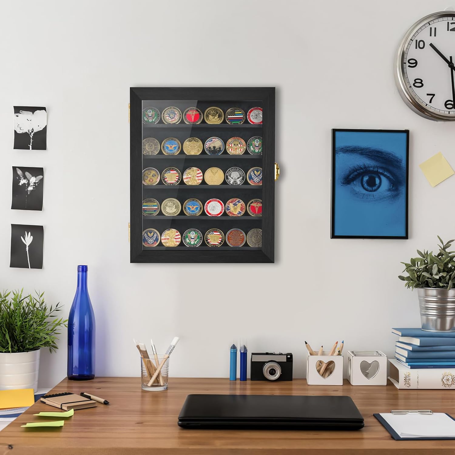 Coin Display Case 11"x14" Challenge Military Coin Holder Wooden American Flag Medal Poker Chip Wall Cabinet Decor Gift for Collector, Grandfathers, Fathers, Comrade-in-arms