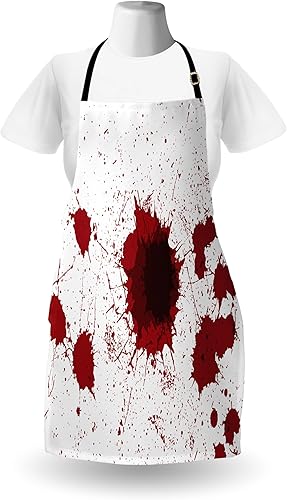 Miniatura 2 de Ambesonne Delantal de Halloween, babero de cocina unisex con cuello ajustable para cocinar jardinería, Bermellón granate y blanco