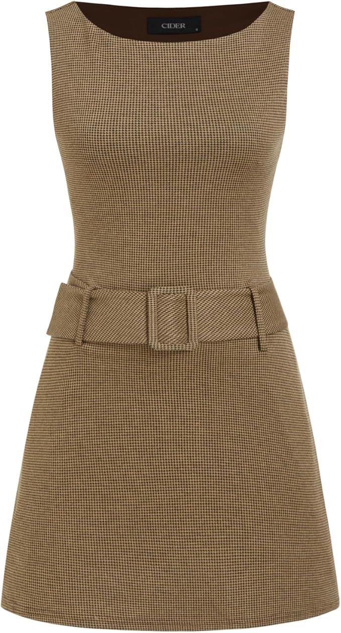 CIDER Women Plaid Blazer Dress Houndstooth Belted Boat Neck Mini Work Dress | Sleeveless W