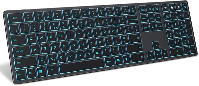 Backlit Bluetooth Keyboard for 3 Computer, Multi-Devices Wireless Keyboard with 7 Colors Backlight Rechargeable Quiet Ultra-Thin UK Layout Compatible with PC, Laptop with Windows System, Space Gray