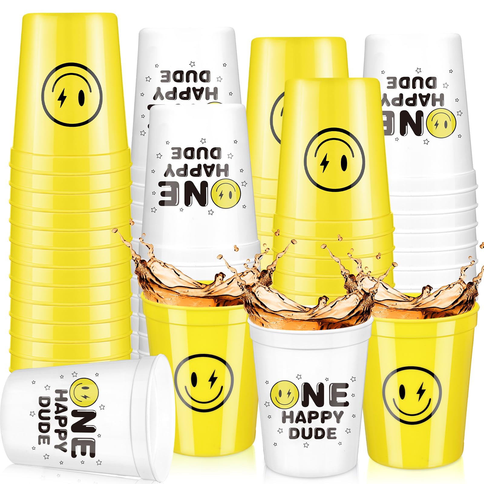 Norme One Happy Dude 16 oz Plastic Cups Reusable Drink Tumblers Smile Face Birthday Cups for First Birthday Party Shower Favors (Cute,36 Pcs)