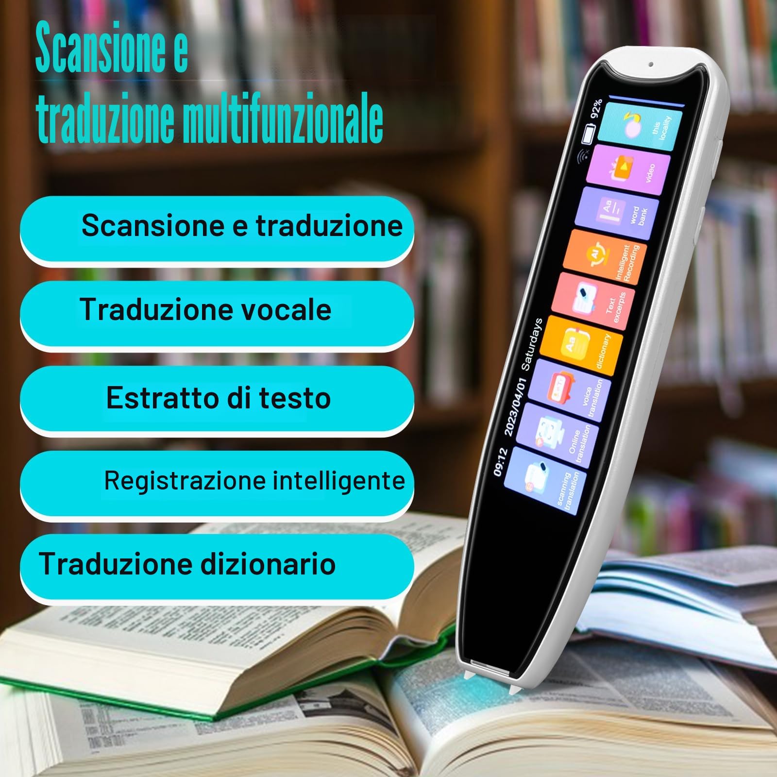 Penna Scanner Traduttore con OCR - Traduzione Istantanea 142 Lingue, Touchscreen LCD, Offline/Speech-to-Text, Ideale per Dislessia, Studio/Viaggi (Bianco)