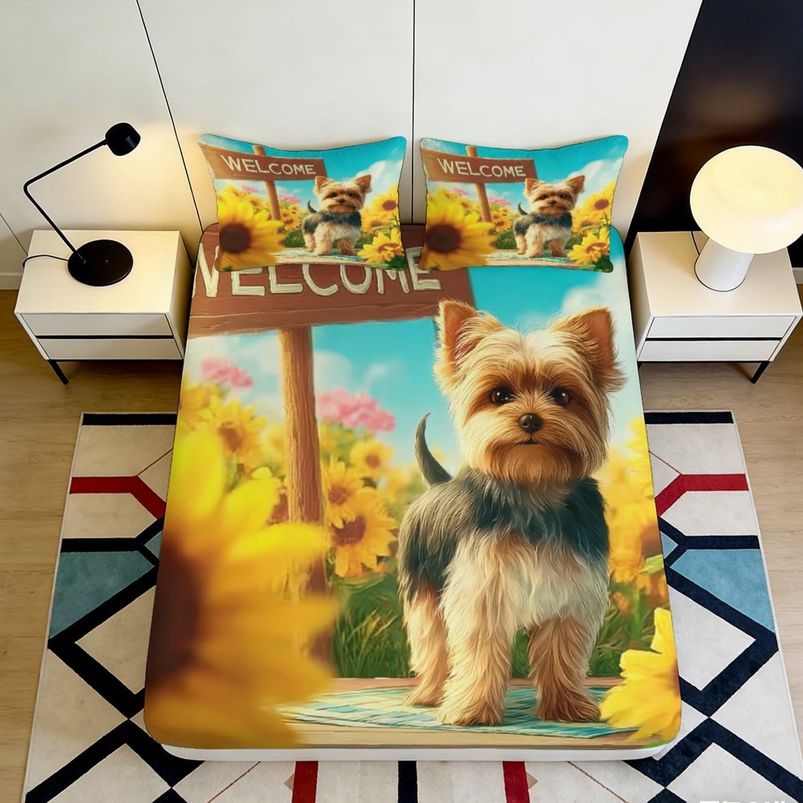 3D Printed Yorkshire Terrier Fitted Sheet Microfiber Soft Breathable Sunflower Bed Cover for Bedroom Dormitory Guest Room Mattress Protection Decor 120x200x25cm